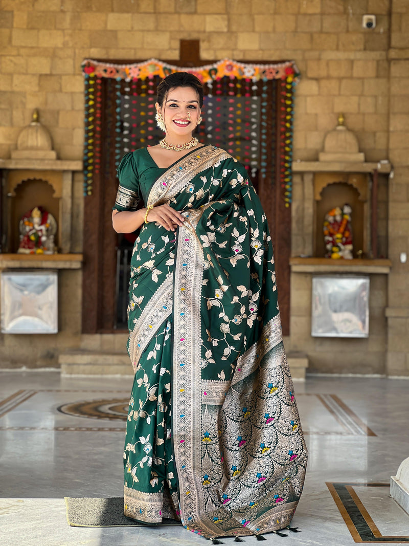 Soft Banarasi silk saree with Zari weaving Minakari touchup design