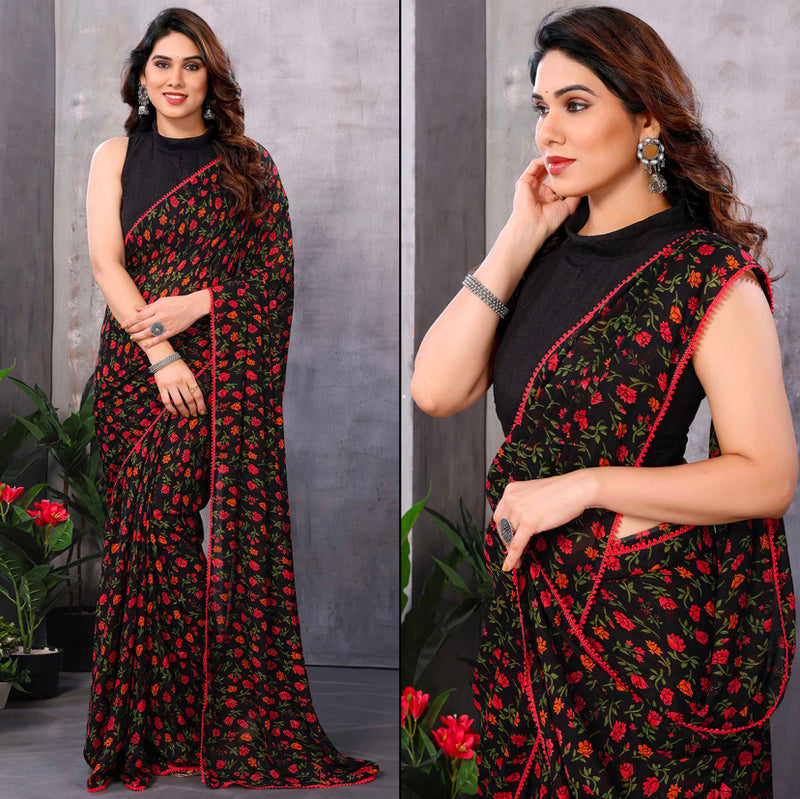 Ready To Wear Black Floral Printed Georgette Saree