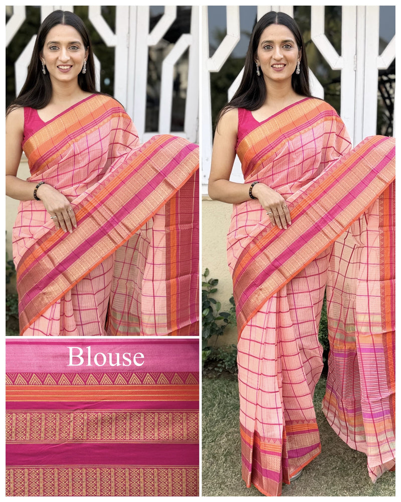 Kesarya Checks Super Soft Kota Doria Saree with Full Heavy Paithani Style