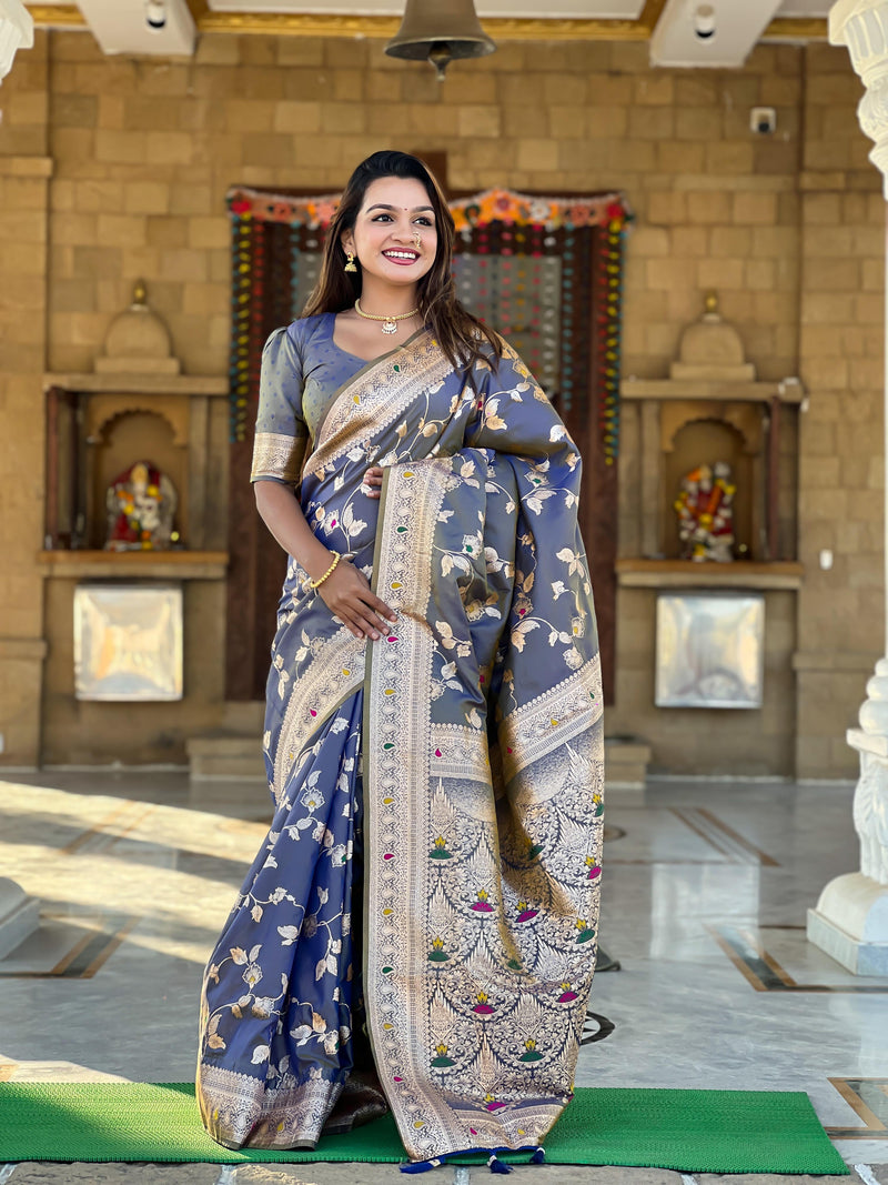 Soft Banarasi silk saree with Zari weaving Minakari touchup design