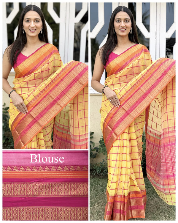 Kesarya Checks Super Soft Kota Doria Saree with Full Heavy Paithani Style