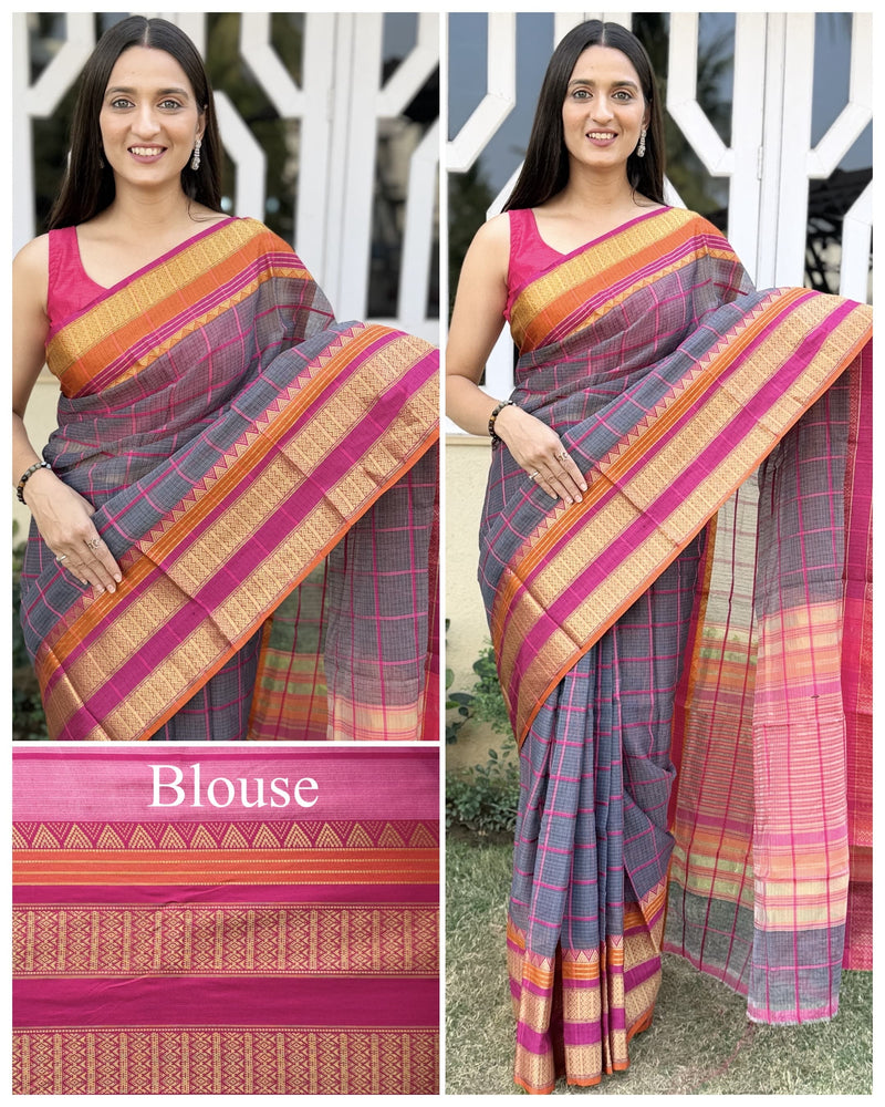 Kesarya Checks Super Soft Kota Doria Saree with Full Heavy Paithani Style