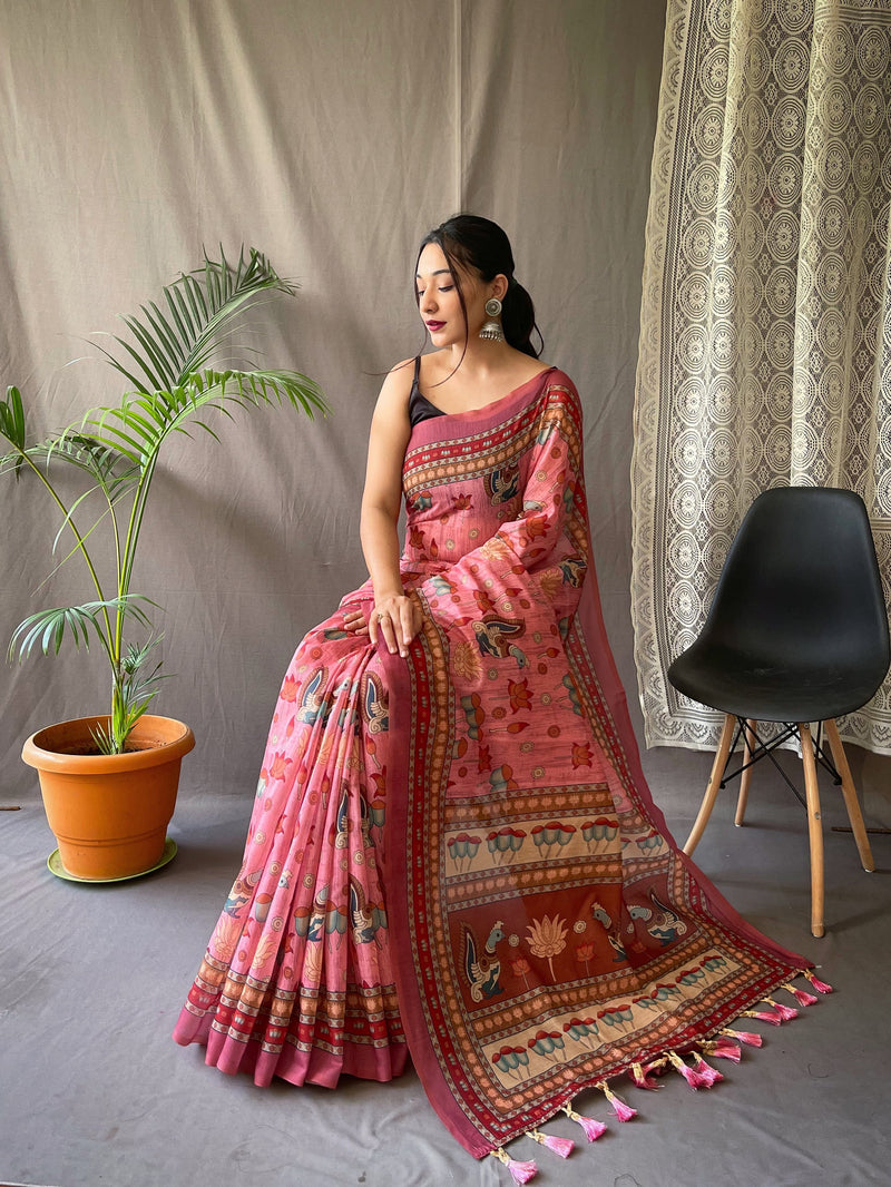 MALAI COTTON SAREE WITH BIG BORDER DIGITAL PRINT CONCEPT WITH ELEGANT KALAMKARI PATTERNS WITH CONTRAST