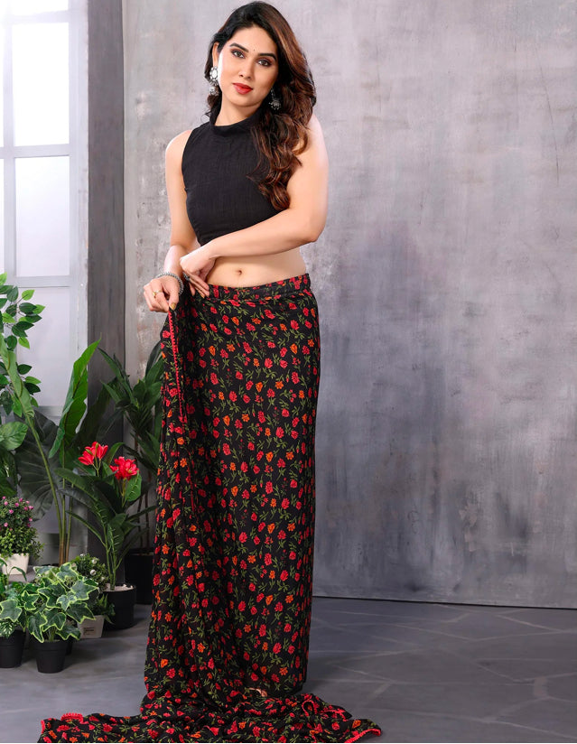 Ready To Wear Black Floral Printed Georgette Saree