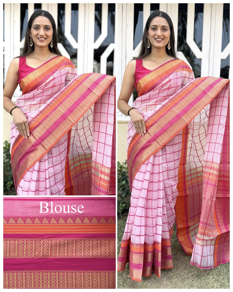 Kesarya Checks Super Soft Kota Doria Saree with Full Heavy Paithani Style