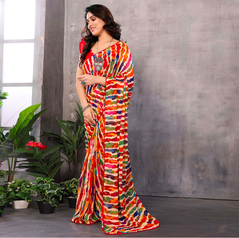 Ready To Wear Multicolour Striped Printed Georgette Saree