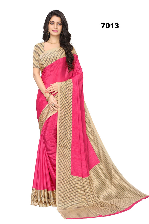 Vibrant Pink Crepe Silk Saree with Beige Striped Border & Blouse