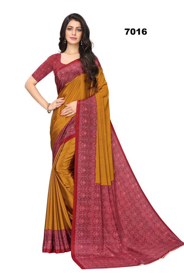 Elegant Mustard Yellow Crepe Silk Saree with Maroon Floral Border & Blouse