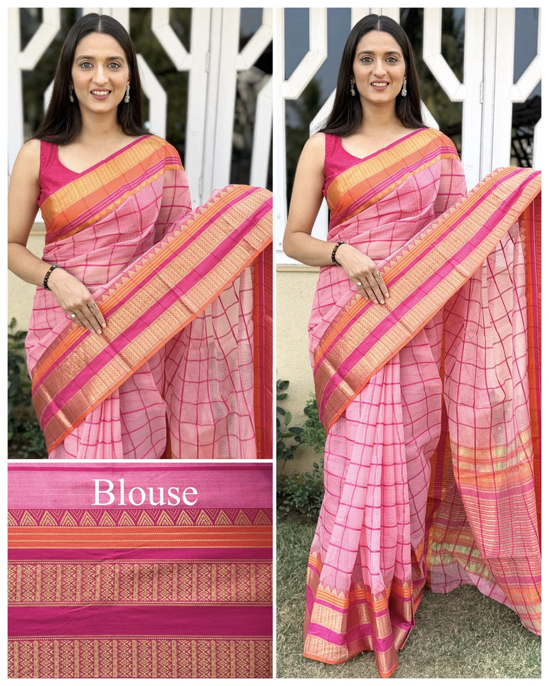 Kesarya Checks Super Soft Kota Doria Saree with Full Heavy Paithani Style