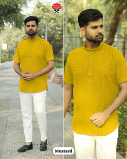 Men Stylish Short kurta in Chikan Work Fabric