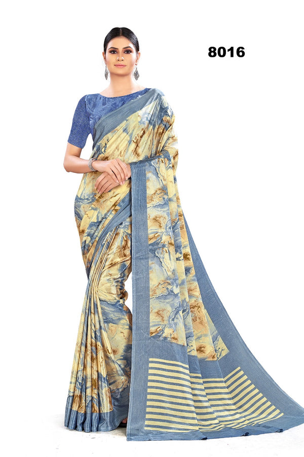 Beige & Blue Marble Print Crepe Silk Saree - Contemporary Elegance Meets Classic Comfort