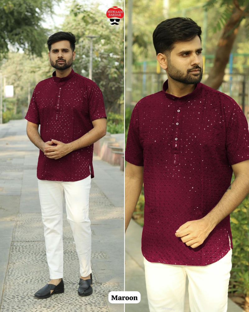 Men Stylish Short kurta in Chikan Work Fabric