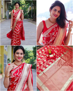 Red Lichi Silk Designer Weaving Saree, 6 M (With Blouse Piece)