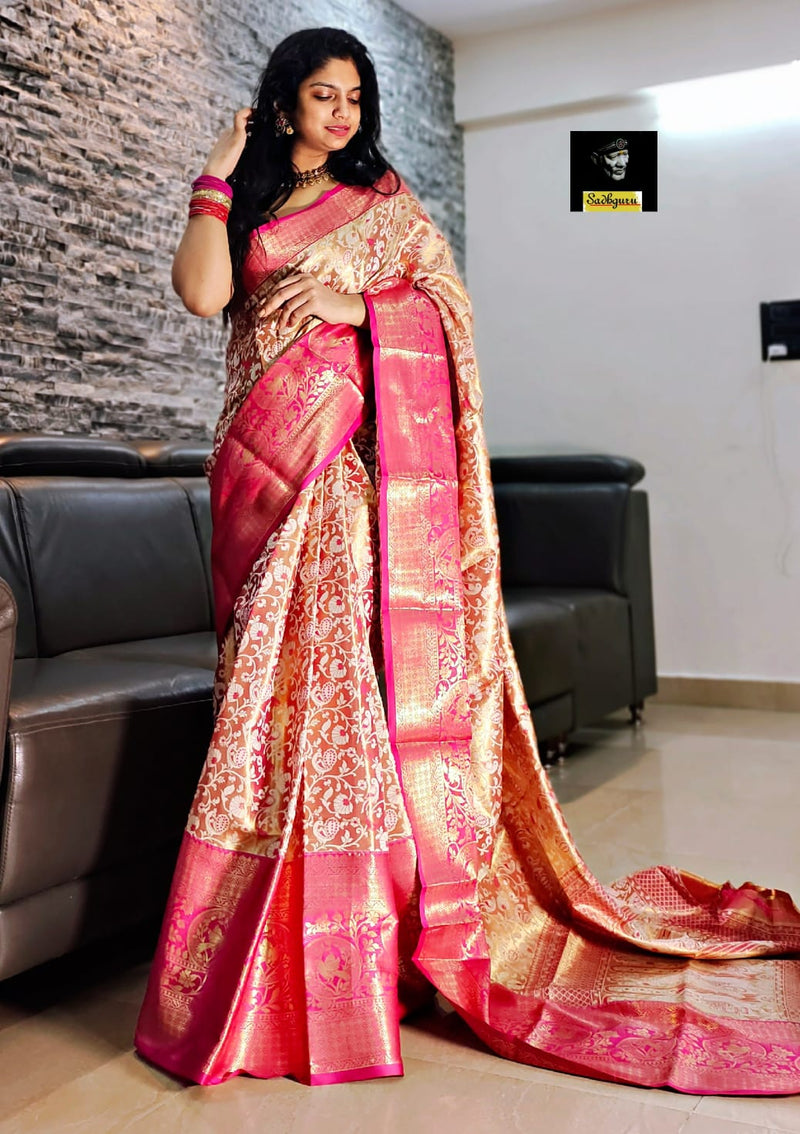 Pure Kanji varan Silk Saree With Mina Weaving & Contrast Border Gold Zari Rich Weaving Pallu