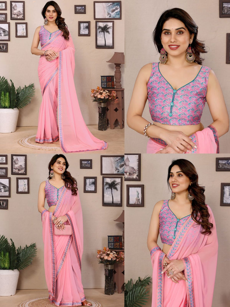 GEORGETTE PLAIN SAREE WITH DIGITAL PRINT LACE