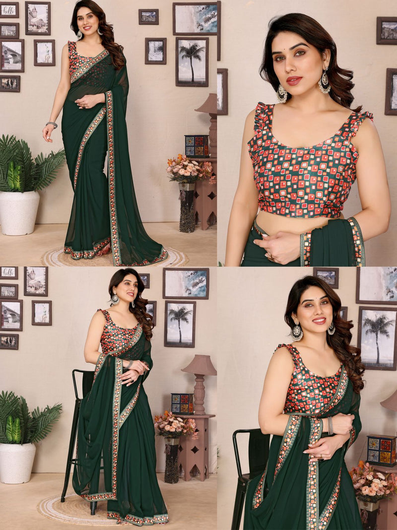 GEORGETTE PLAIN SAREE WITH DIGITAL PRINT LACE