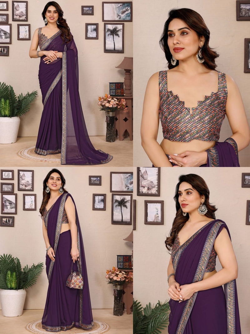 GEORGETTE PLAIN SAREE WITH DIGITAL PRINT LACE