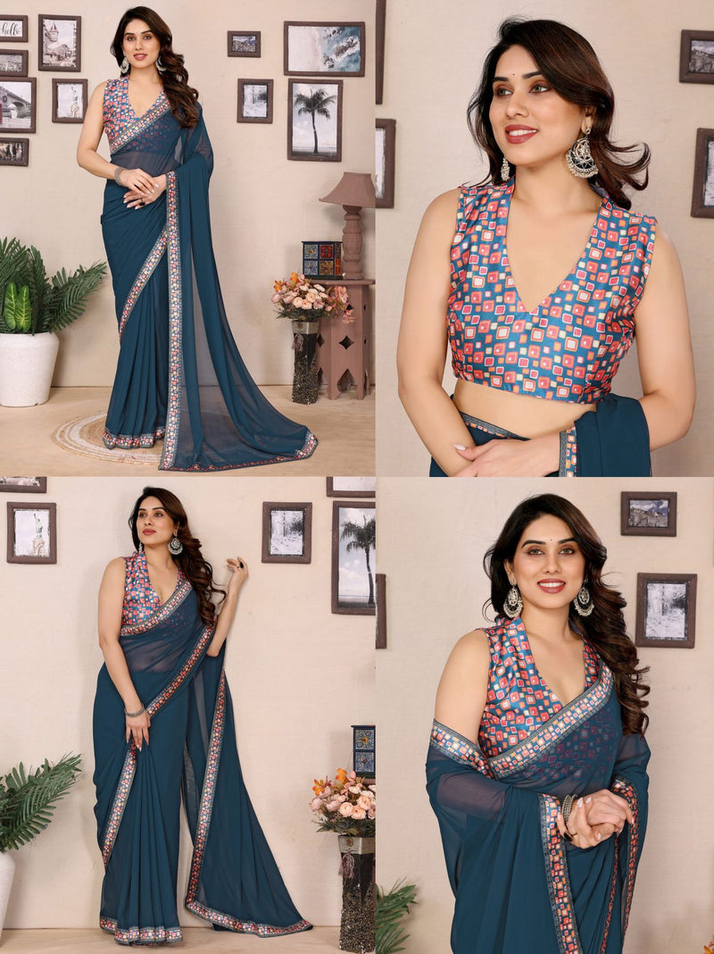 GEORGETTE PLAIN SAREE WITH DIGITAL PRINT LACE