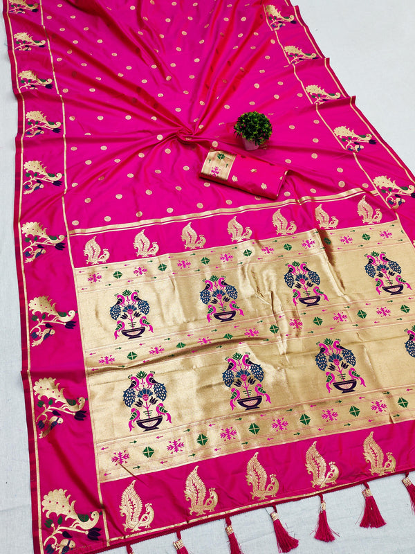 Soft Pethani Silk Gold Zari Weaving With Meenakari Peacock Border Saree