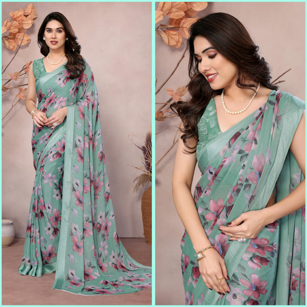 💖 Elegant Bright Moss Satin Patta Printed Saree 💖