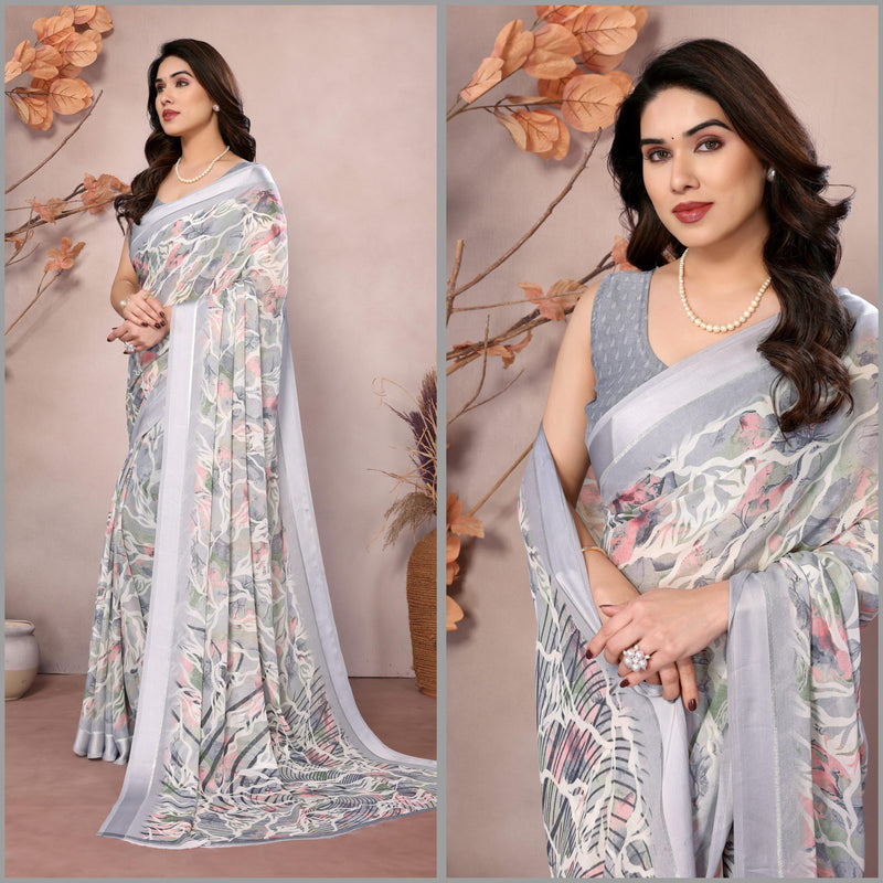 💖 Elegant Bright Moss Satin Patta Printed Saree 💖