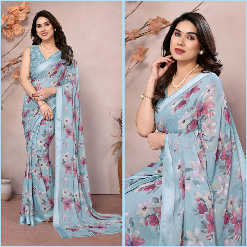 💖 Elegant Bright Moss Satin Patta Printed Saree 💖