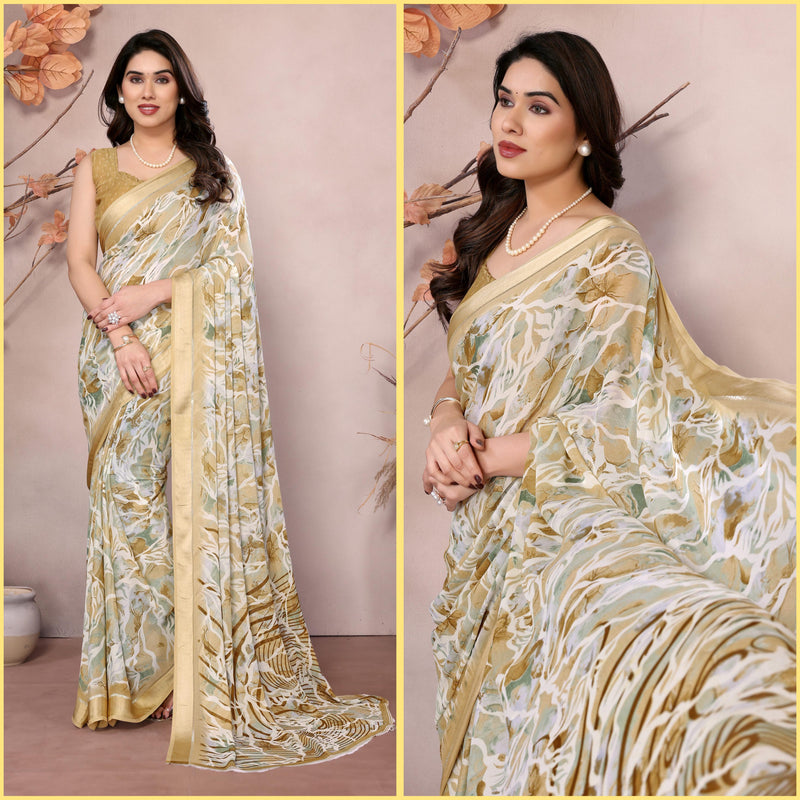 💖 Elegant Bright Moss Satin Patta Printed Saree 💖